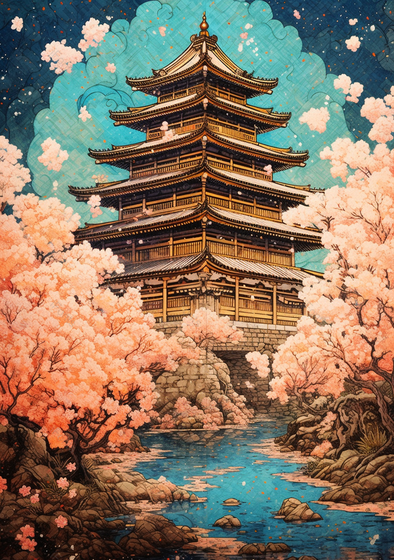 浪漫樱花下的滕王阁中国风插画,插画/手绘图,插画/手绘图库,插画/手绘图下载,插画/手绘
